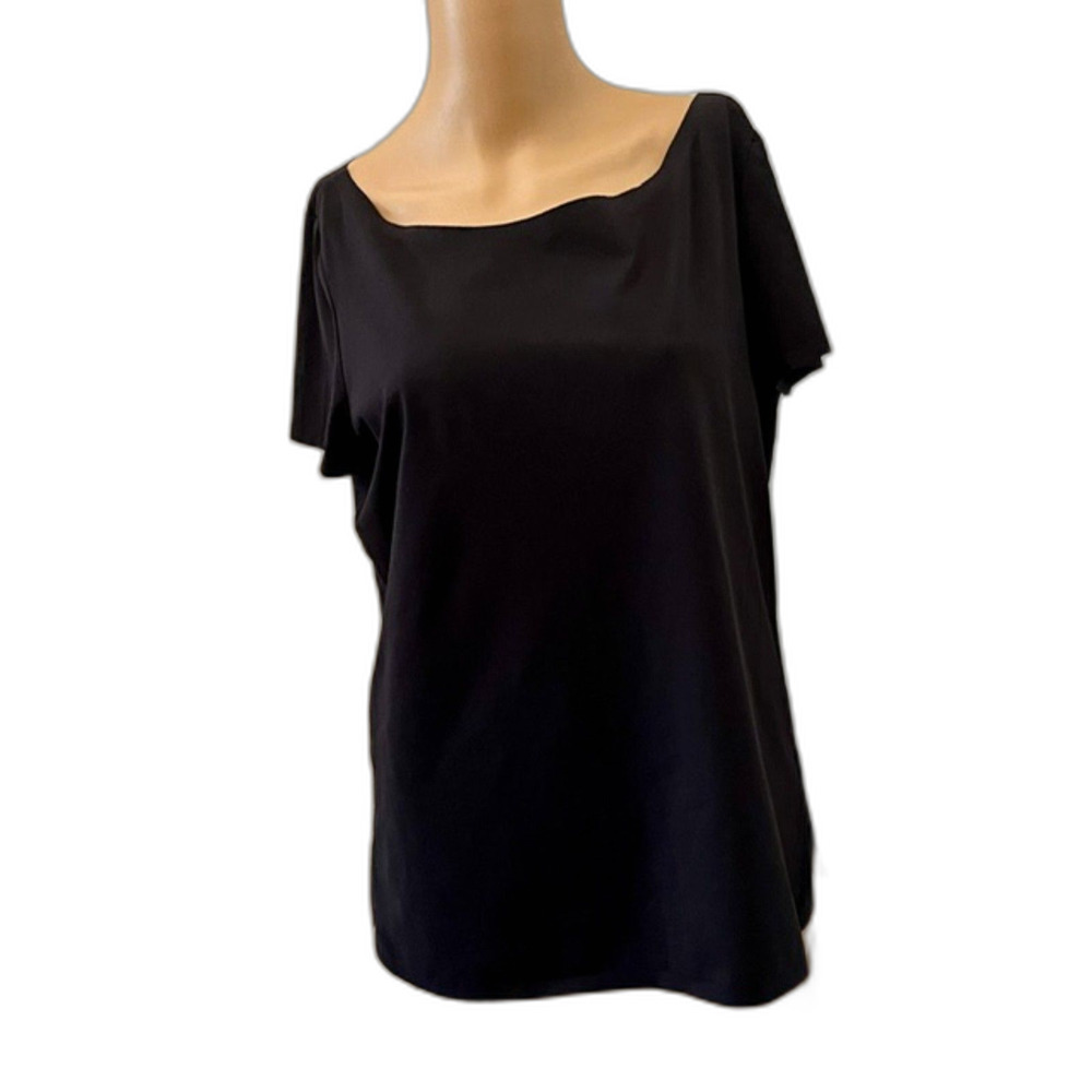 SZ L LAFAYETTE 148 Black Cotton Stretch Boat Neck Short Sleeve Tee
